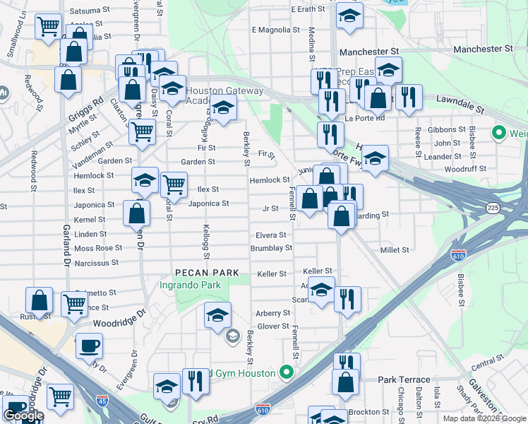 map of restaurants, bars, coffee shops, grocery stores, and more near 7714 Harding Street in Houston