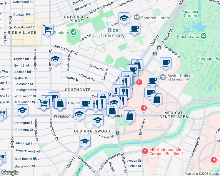 map of restaurants, bars, coffee shops, grocery stores, and more near 2003 Southgate Boulevard in Houston