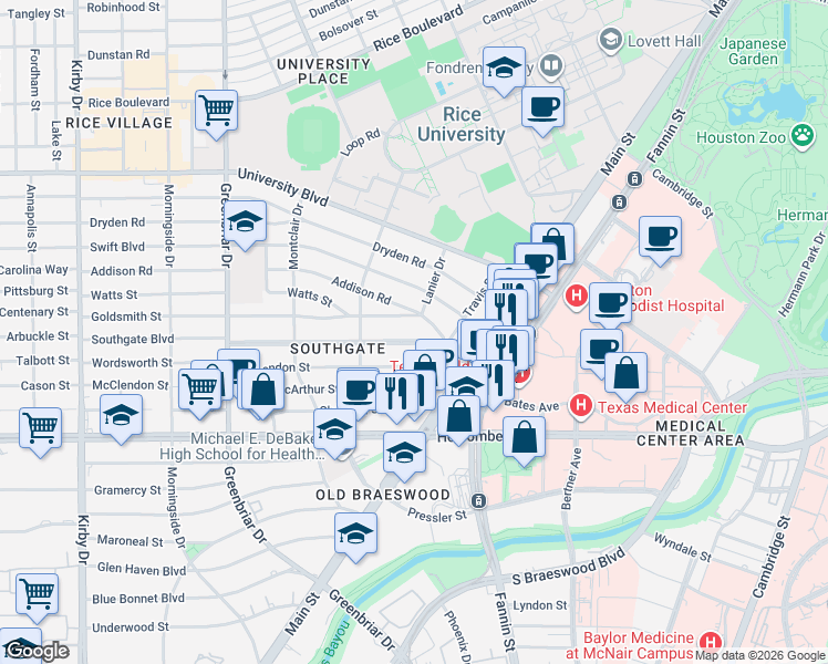 map of restaurants, bars, coffee shops, grocery stores, and more near 2035 Southgate Boulevard in Houston