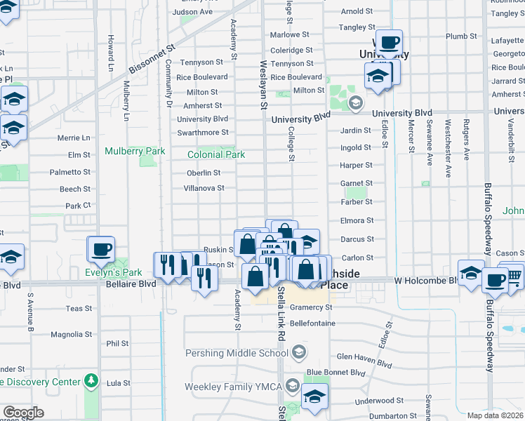 map of restaurants, bars, coffee shops, grocery stores, and more near 4019 Southwestern Street in Houston