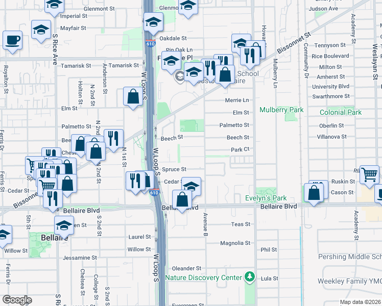 map of restaurants, bars, coffee shops, grocery stores, and more near 4610 Spruce Street in Bellaire