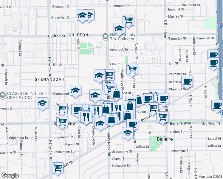 map of restaurants, bars, coffee shops, grocery stores, and more near 6620 Chimney Rock Road in Houston