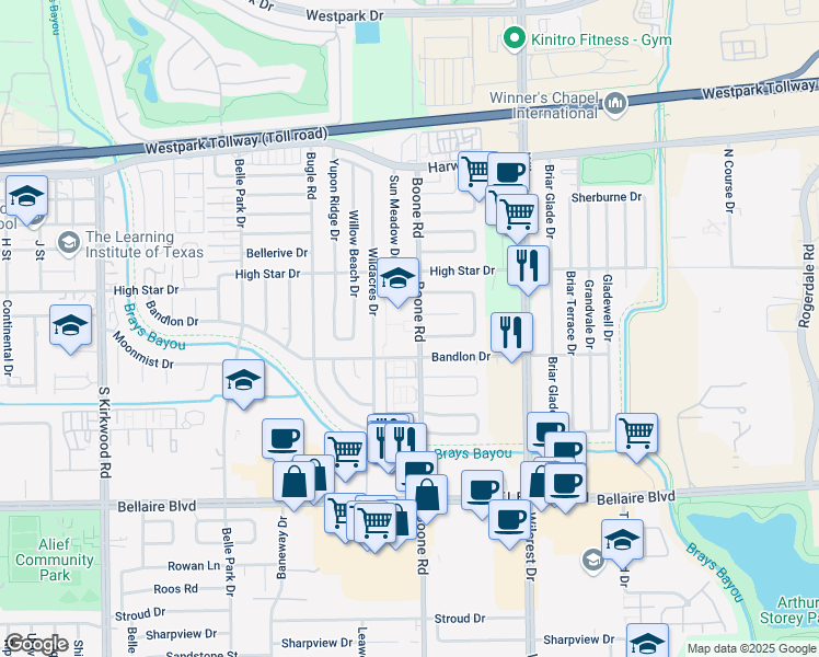 map of restaurants, bars, coffee shops, grocery stores, and more near 11126 Bandlon Drive in Houston