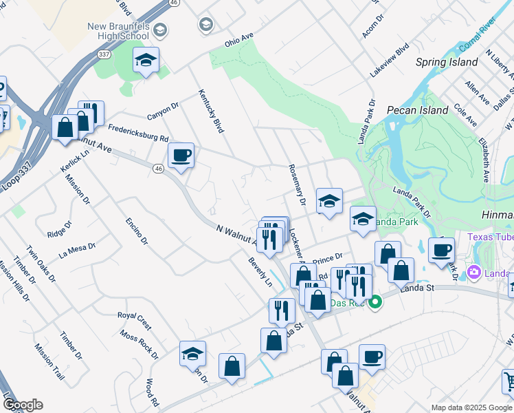 map of restaurants, bars, coffee shops, grocery stores, and more near 658 Floral Avenue in New Braunfels