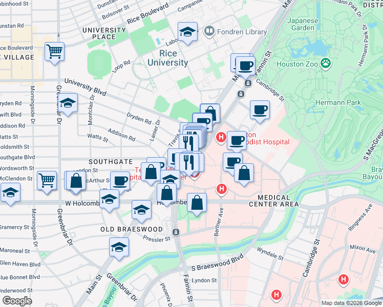 map of restaurants, bars, coffee shops, grocery stores, and more near 1709 Dryden Road in Houston