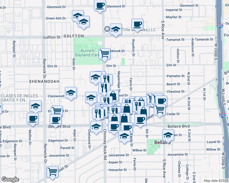 map of restaurants, bars, coffee shops, grocery stores, and more near 6602 Mapleridge Street in Houston