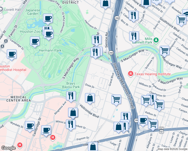 map of restaurants, bars, coffee shops, grocery stores, and more near 1233 Hermann Park Court in Houston