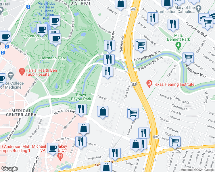 map of restaurants, bars, coffee shops, grocery stores, and more near 1699 Hermann Park Court in Houston