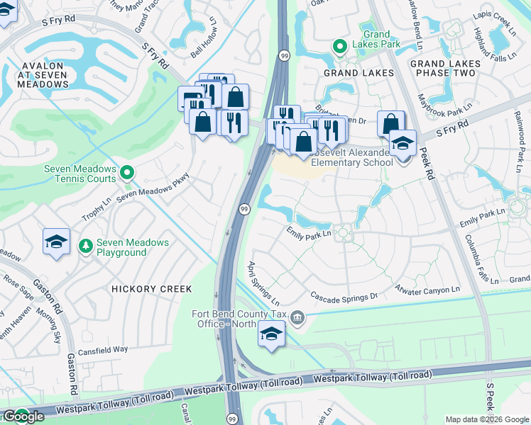 map of restaurants, bars, coffee shops, grocery stores, and more near 22742 Emily Park Lane in Katy