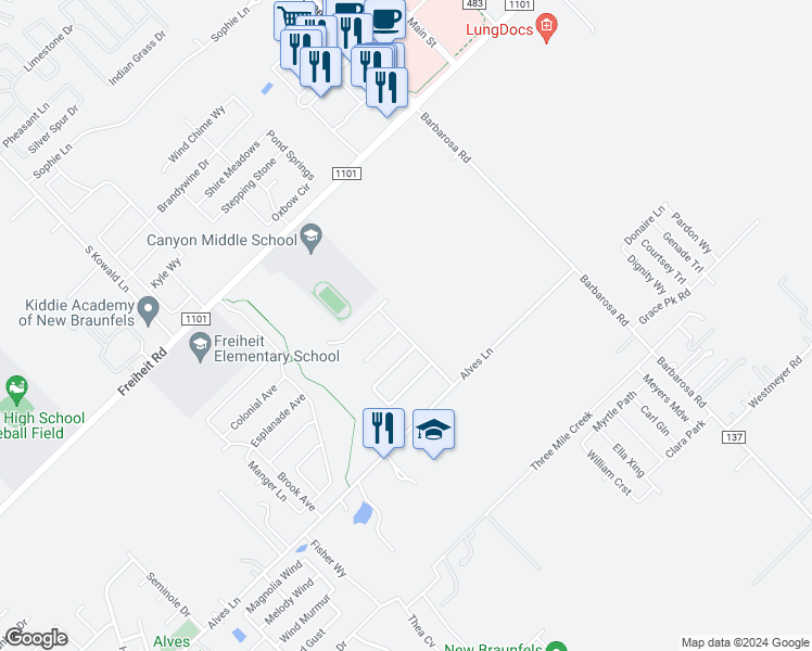 map of restaurants, bars, coffee shops, grocery stores, and more near 1081 Creekside Orchard in New Braunfels