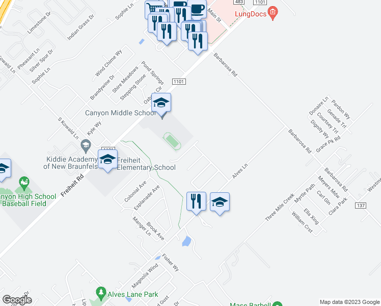 map of restaurants, bars, coffee shops, grocery stores, and more near 342 Creekside Curve in New Braunfels