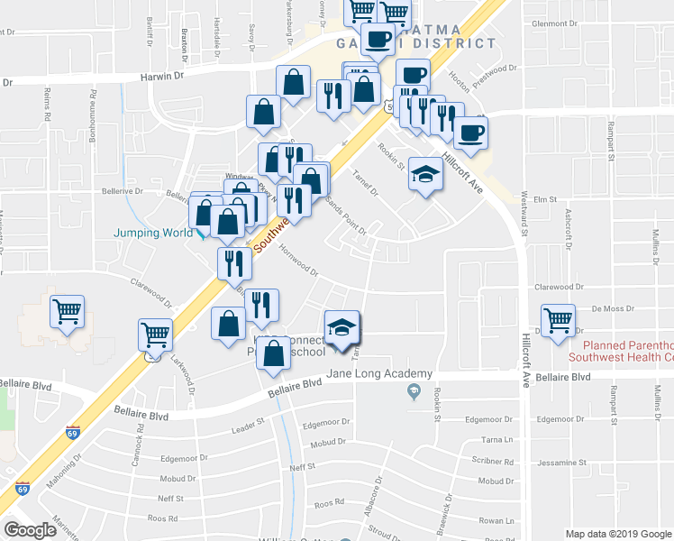 map of restaurants, bars, coffee shops, grocery stores, and more near 6808 Hornwood Drive in Houston