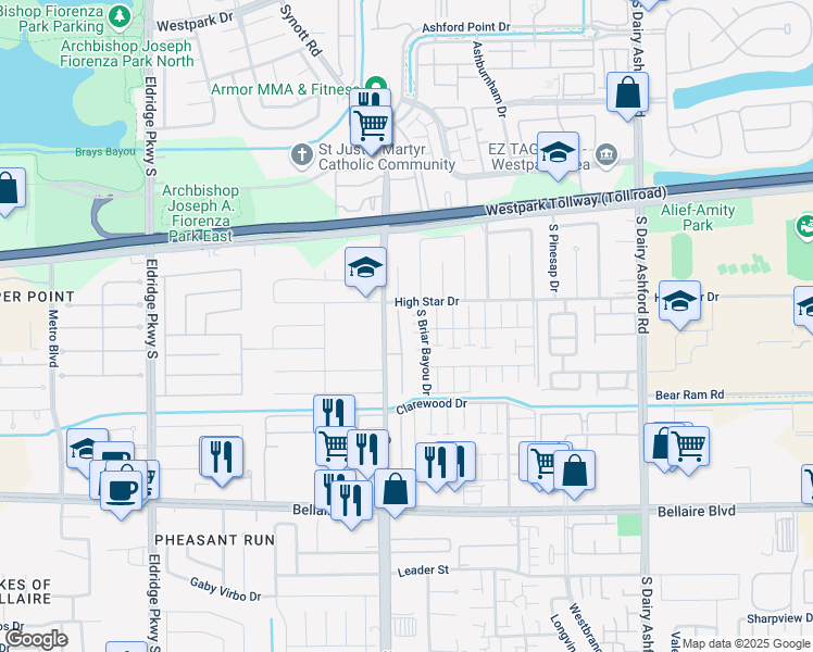 map of restaurants, bars, coffee shops, grocery stores, and more near 6234 South Bayou Knoll Drive in Houston