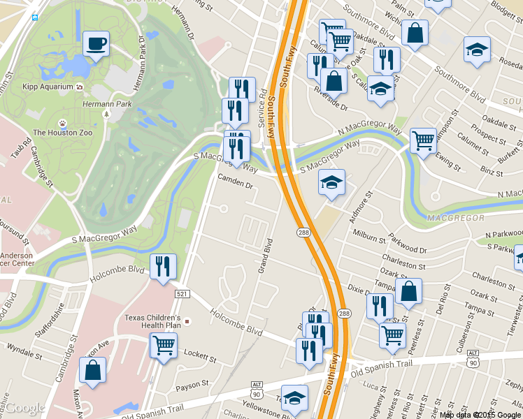 map of restaurants, bars, coffee shops, grocery stores, and more near 3134 Grand Boulevard in Houston