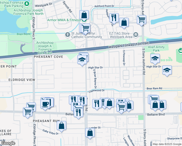 map of restaurants, bars, coffee shops, grocery stores, and more near 6234 South Bayou Knoll Drive in Houston