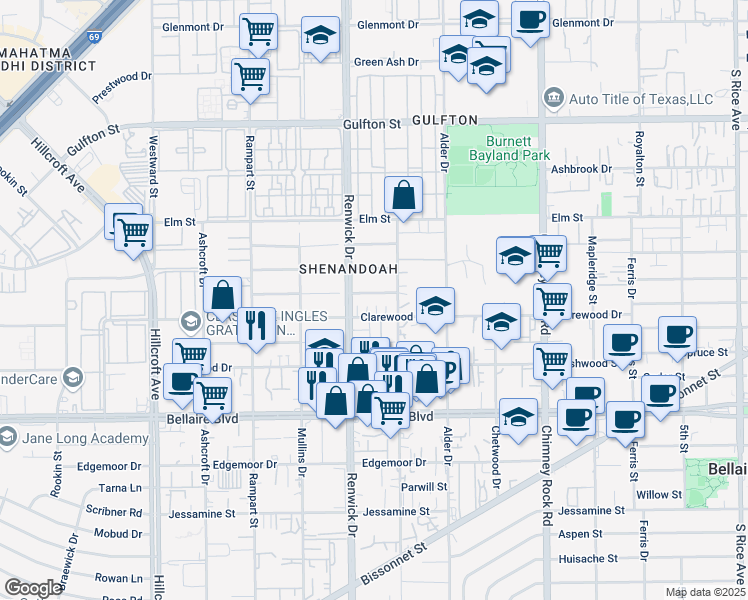 map of restaurants, bars, coffee shops, grocery stores, and more near 5822 Hornwood Drive in Houston