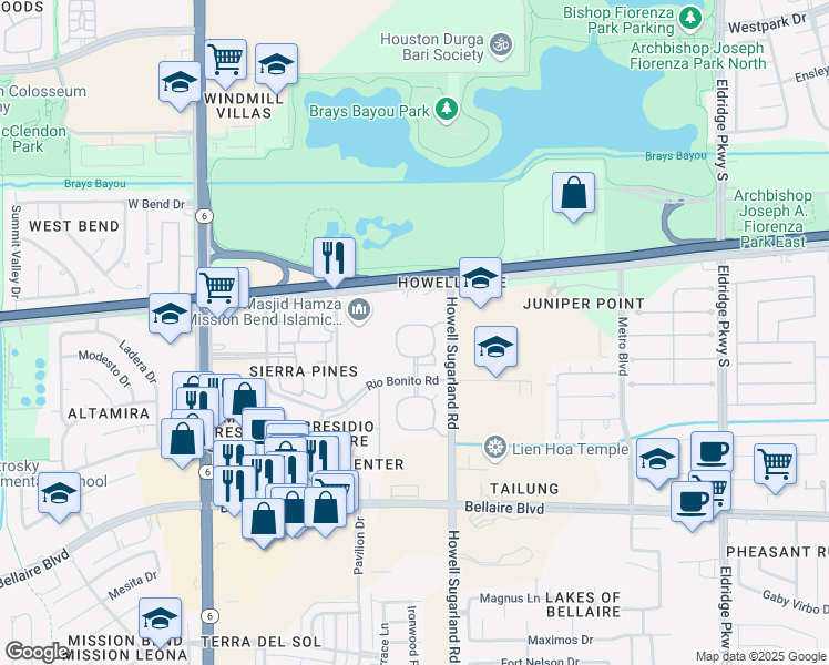 map of restaurants, bars, coffee shops, grocery stores, and more near 14100 Rio Bonito Road in Houston