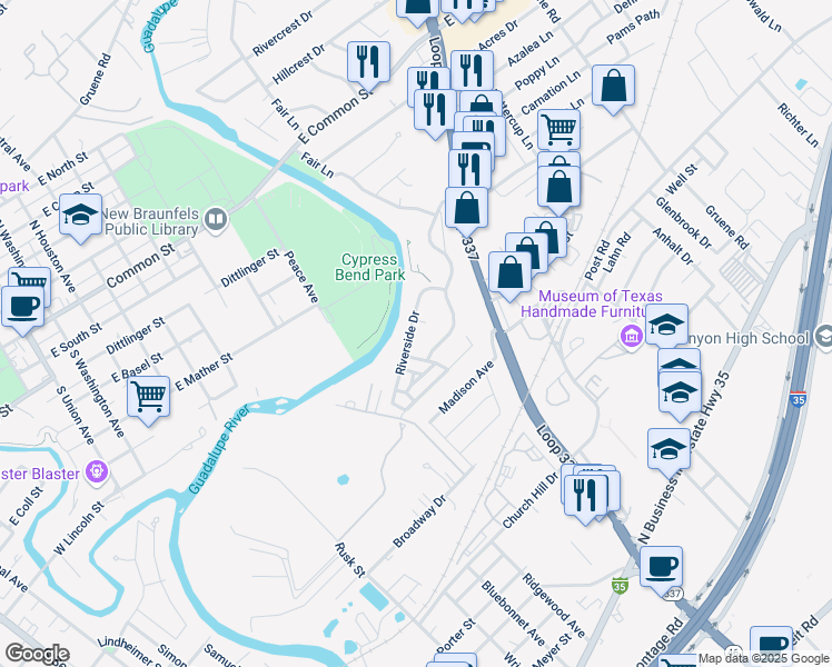 map of restaurants, bars, coffee shops, grocery stores, and more near 614 Riverside Drive in New Braunfels