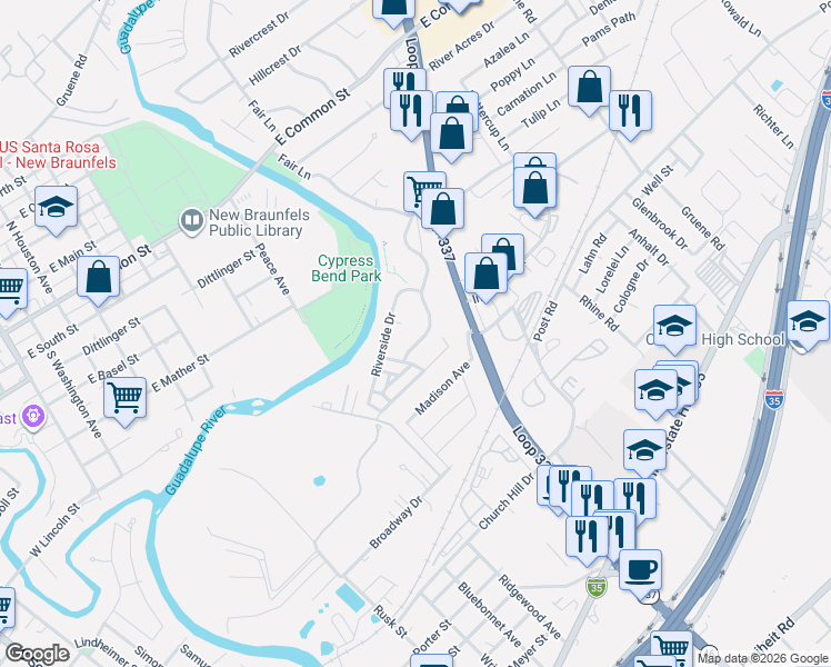 map of restaurants, bars, coffee shops, grocery stores, and more near 624 Riverside Drive in New Braunfels