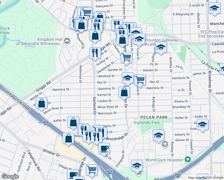 map of restaurants, bars, coffee shops, grocery stores, and more near 7111 Japonica Street in Houston