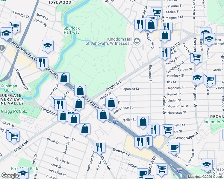 map of restaurants, bars, coffee shops, grocery stores, and more near 6535 Myrtle Street in Houston