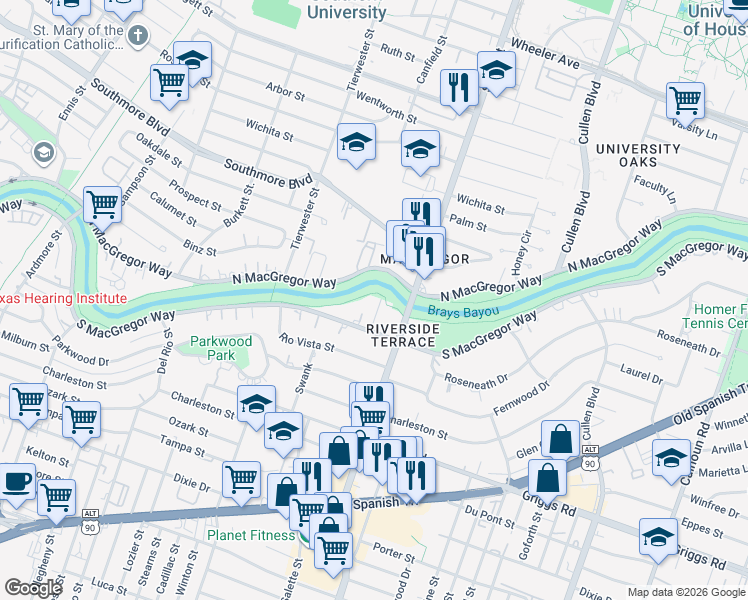 map of restaurants, bars, coffee shops, grocery stores, and more near 5406 Leopold Drive in Houston