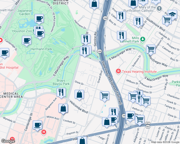 map of restaurants, bars, coffee shops, grocery stores, and more near 6218 Gehring Street in Houston
