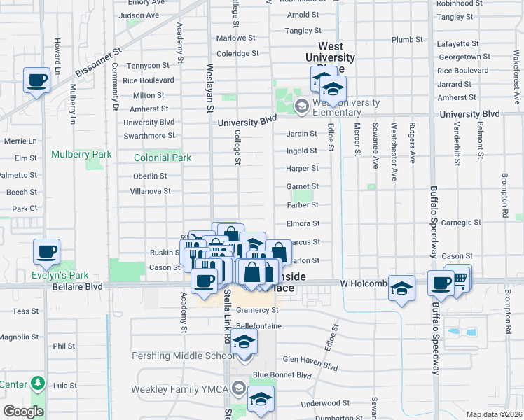 map of restaurants, bars, coffee shops, grocery stores, and more near 6510 Auden Street in Houston