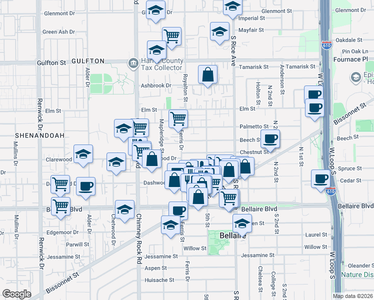map of restaurants, bars, coffee shops, grocery stores, and more near 5217 Beech Street in Bellaire