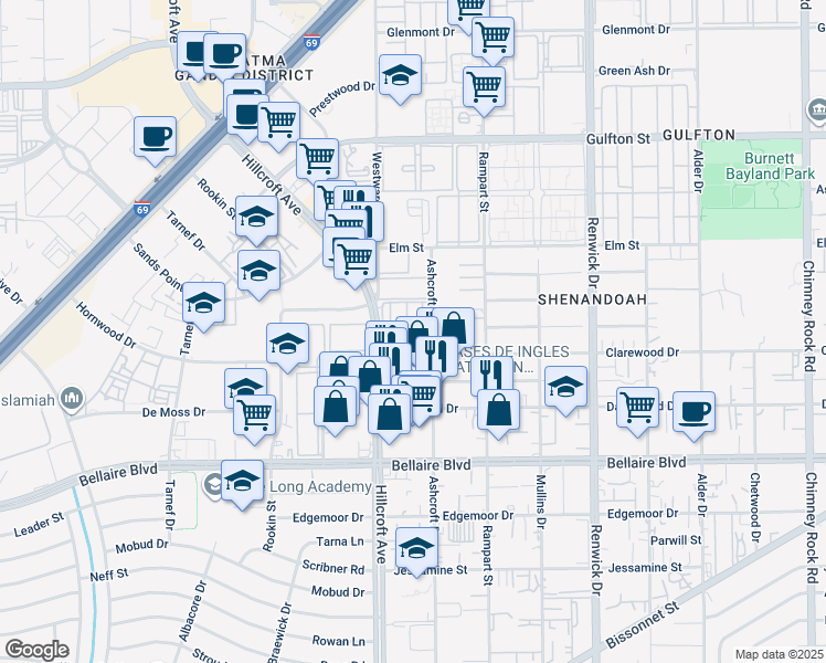 map of restaurants, bars, coffee shops, grocery stores, and more near 6525 Hillcroft Street in Houston