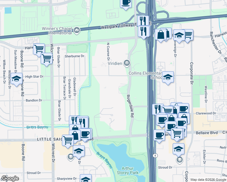 map of restaurants, bars, coffee shops, grocery stores, and more near 6051 North Course Drive in Houston