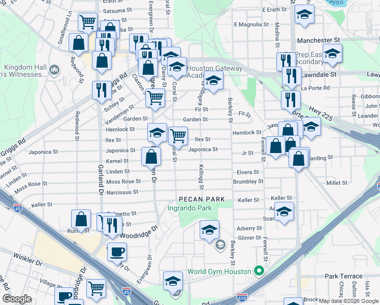 map of restaurants, bars, coffee shops, grocery stores, and more near 7317 Japonica Street in Houston
