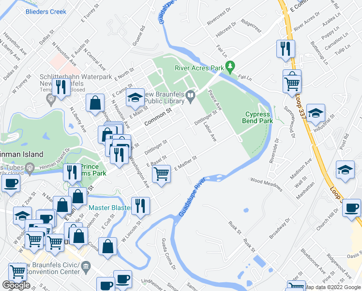 map of restaurants, bars, coffee shops, grocery stores, and more near 592 Dittlinger Street in New Braunfels
