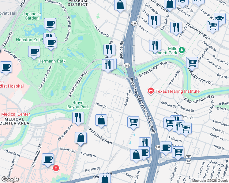 map of restaurants, bars, coffee shops, grocery stores, and more near 2406 Charleston Street in Houston