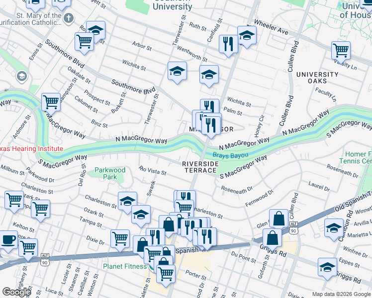 map of restaurants, bars, coffee shops, grocery stores, and more near 5406 Leopold Dr in Houston