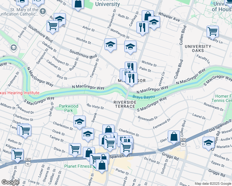 map of restaurants, bars, coffee shops, grocery stores, and more near 5406 Leopold Drive in Houston
