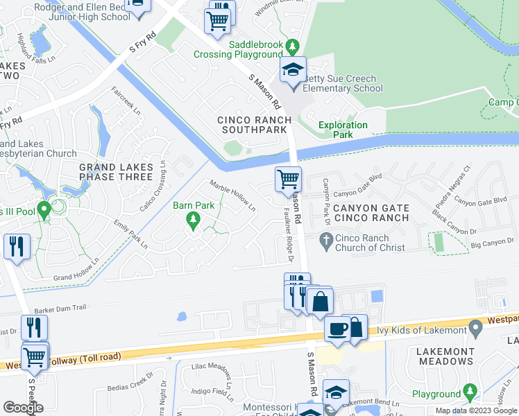 map of restaurants, bars, coffee shops, grocery stores, and more near 6318 Marble Hollow Lane in Katy