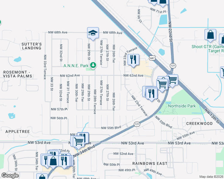map of restaurants, bars, coffee shops, grocery stores, and more near 6102 Northwest 26th Terrace in Gainesville