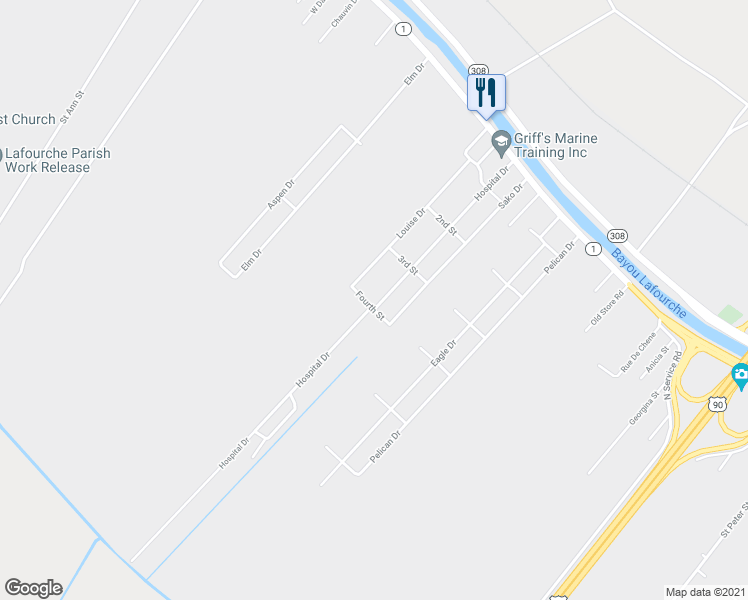 map of restaurants, bars, coffee shops, grocery stores, and more near 418 Hospital Drive in Raceland