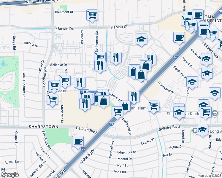 map of restaurants, bars, coffee shops, grocery stores, and more near 7200 Clarewood Drive in Houston