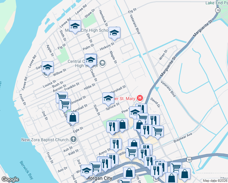 map of restaurants, bars, coffee shops, grocery stores, and more near 1000 Marshall Street in Morgan City