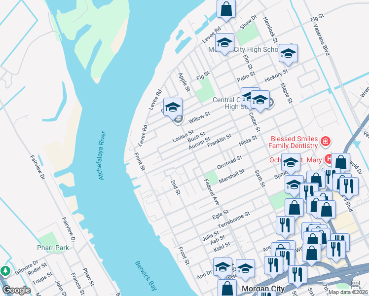 map of restaurants, bars, coffee shops, grocery stores, and more near 307-499 Bush Street in Morgan City