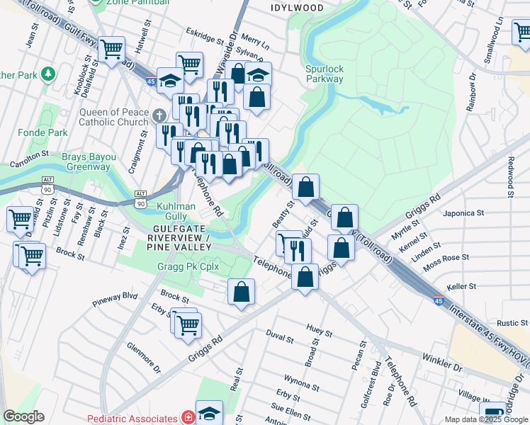 map of restaurants, bars, coffee shops, grocery stores, and more near 2510 Beatty Street in Houston
