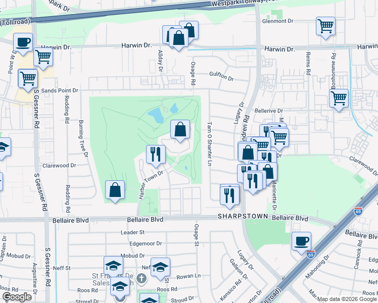 map of restaurants, bars, coffee shops, grocery stores, and more near 6500 Harbor Town Drive in Houston