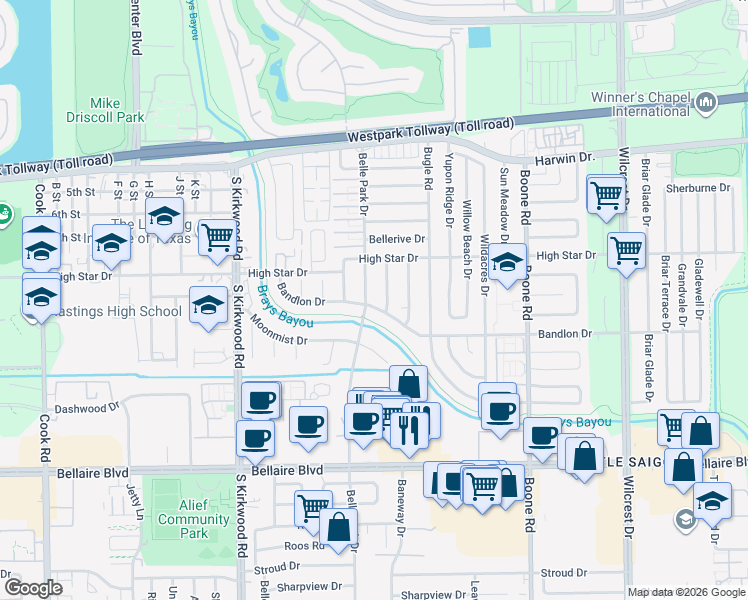 map of restaurants, bars, coffee shops, grocery stores, and more near 4319 Braysworth Drive in Houston