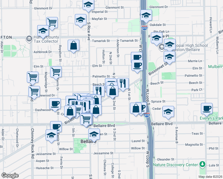 map of restaurants, bars, coffee shops, grocery stores, and more near 4901 Beech Street in Bellaire