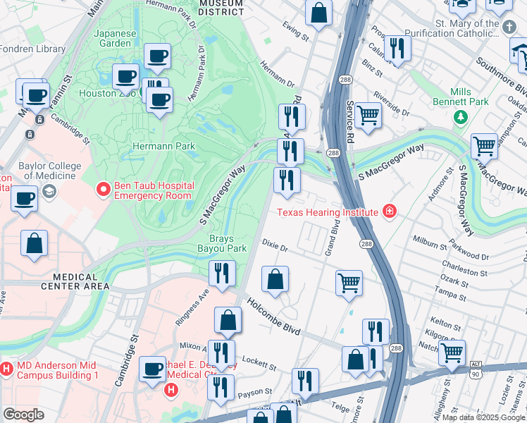 map of restaurants, bars, coffee shops, grocery stores, and more near 6308 Almeda Road in Houston