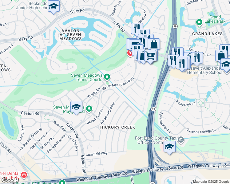 map of restaurants, bars, coffee shops, grocery stores, and more near Lucky Star Lane in Katy