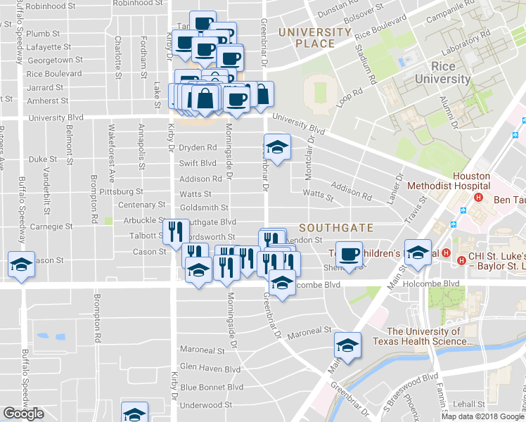 map of restaurants, bars, coffee shops, grocery stores, and more near 2303 Goldsmith Street in Houston
