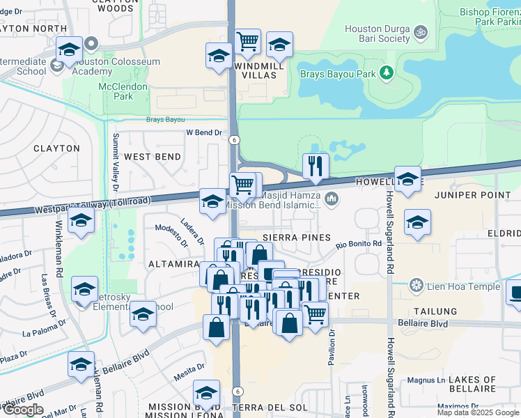 map of restaurants, bars, coffee shops, grocery stores, and more near 6221 Highway 6 in Houston